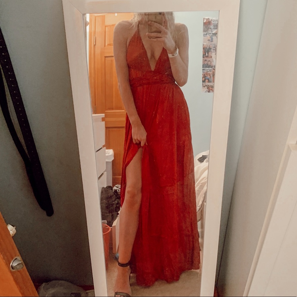 xenia red satin prom dress